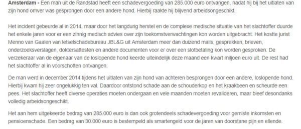 Kwart miljoen na aanval hond