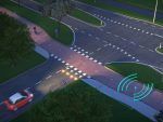 Impressie van het systeem Bikescout, dat automobilisten waarschuwt voor kruisende fietsers. Illustratie: Heijmans Infra.