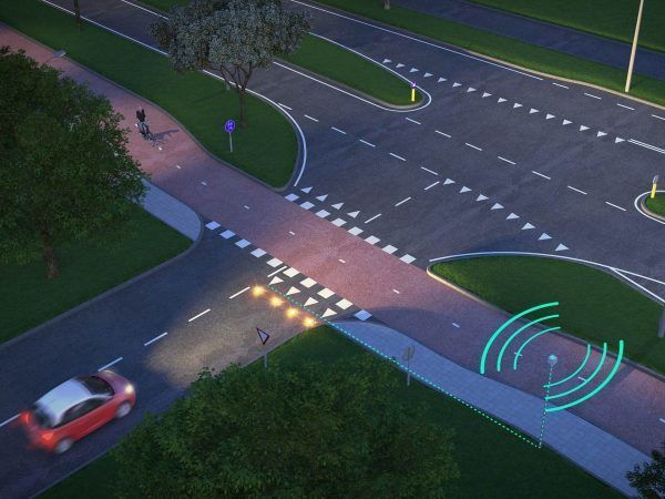 Impressie van het systeem Bikescout, dat automobilisten waarschuwt voor kruisende fietsers. Illustratie: Heijmans Infra.