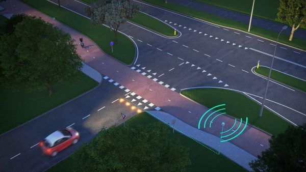 Impressie van het systeem Bikescout, dat automobilisten waarschuwt voor kruisende fietsers. Illustratie: Heijmans Infra.