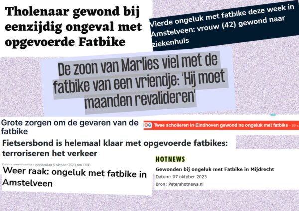 Artikelen in verschillende kranten over ongelukken met fatbikes.